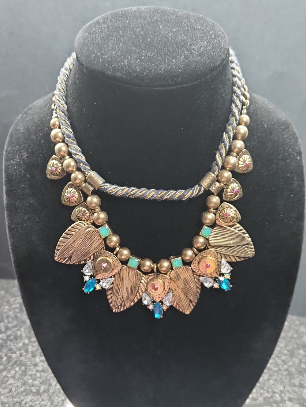 Gold-Tone Leaf Statement Necklace with Turquoise Accents